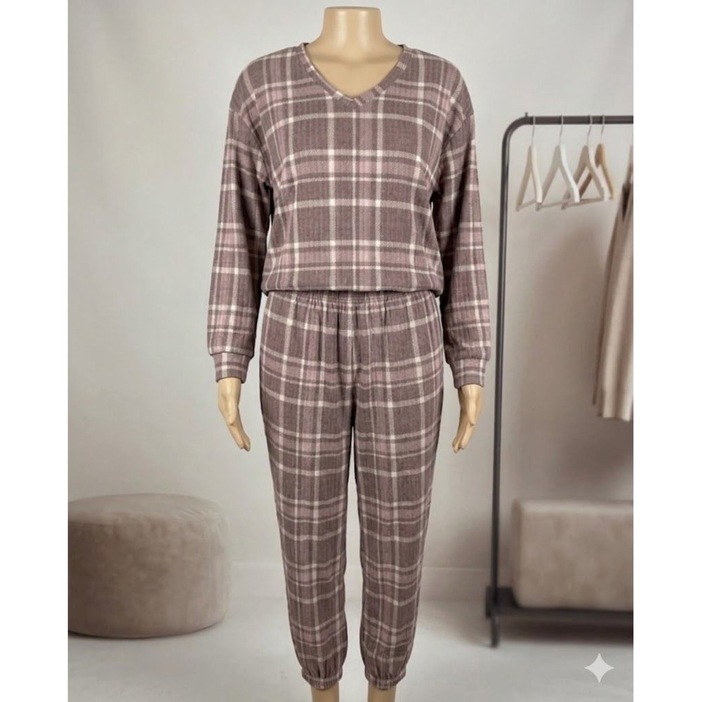 NWT Berkshire Homewear Pajama Set Womens Medium Mauve Plaid Ribbed Knit Joggers